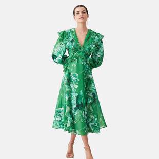 2023秋季 欧美时尚花边拼接设计 V领灯笼长袖绿色印花连衣裙高腰