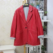 红色高端大气后背流苏设计真皮，绵羊皮一粒扣中长款皮衣宽松外套