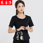 夏季民族风圆领刺绣纯棉短袖T恤女复古中国风短款上衣体恤衫