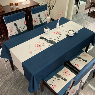 新中式茶桌书桌布古风，水墨画荷花椭圆形桌棉麻，茶几布餐椅垫客厅