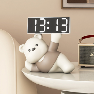 奶油风熊时钟摆件闹钟客厅，卧室装饰品桌面，摆放钟表台式创意电子钟