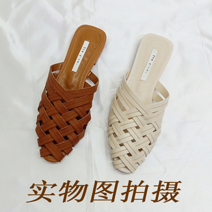 韩国女鞋19夏季镂空交叉带编织平底包头尖头休闲穆勒罗马半拖凉鞋
