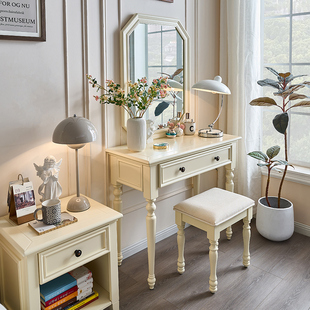 奶油风美式全实木梳妆台，卧室现代简约收纳柜，一体小户型化妆桌白色