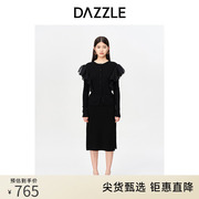 dazzle地素奥莱秋黑色，优雅气质荷叶边装饰毛衣，针织开衫上衣外套女
