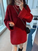 中长款红色圆领毛衣女秋冬2023慵懒风宽松长袖针织衫上衣