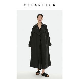 cleanflow黑色水洗棉尼龙大翻领风衣2023春秋高级垂感外套