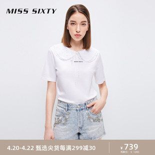 misssixty白色t恤女娃娃领甜美风减龄上衣，小众设计显瘦短袖