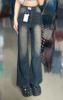 韩版简约藏青色高腰牛仔裤，显瘦紧身裤直筒长裤高个子(高个子，)磨白微喇叭裤