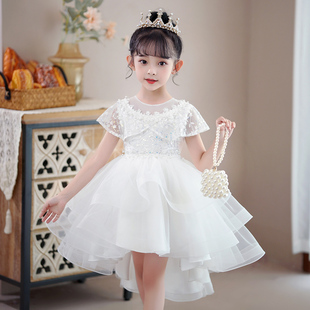 儿童前短后长蓬蓬公主裙子花童白色婚纱裙女童演出礼服拖尾连衣裙