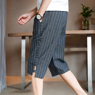 七分裤男夏季薄款条纹中裤，半截裤子男士潮流，宽松直筒棉麻休闲短裤