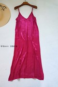 欧美外贸原单大码显瘦连衣裙纯色V领缎面性感超正玫红色及裸长裙