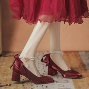 gg。潮牌法式红色婚鞋新娘鞋，不累脚婚纱，两穿粗高跟名媛孕妇礼服单