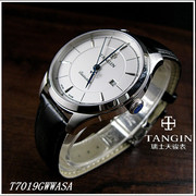 瑞士tangin天珺手表，男表石英手表皮带蓝宝石真皮，圆形日历7019