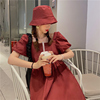  2022夏季韩版带帽中长款泡泡袖连衣裙A字裙女法式方领裙子