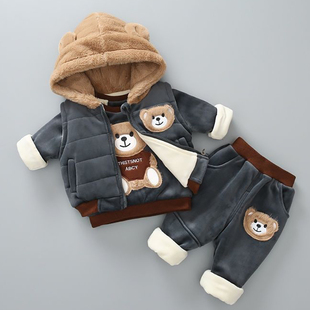 2023男童套装冬装衣服小童男宝宝童装纯棉儿童冬季加绒卫衣三件套