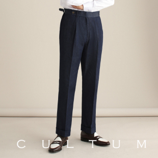 CULTUM 春季男士复古高腰单褶牛仔西裤直筒长裤商务休闲绅士裤子