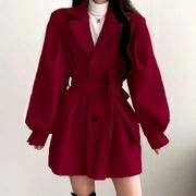 2024过年红毛呢大衣女，韩版宽松小个子中长款纯色赫本风外套潮