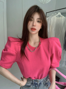 设计感小众圆领链条泡泡半短袖T恤韩版时尚宽松玫红色上衣女潮