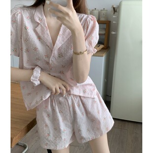 韩版ins甜美粉色碎花波点棉麻，睡衣女夏短袖(夏短袖)短裤家居服两件套装薄