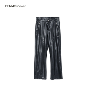 benmyshower国潮美式朋克分割线，微喇叭直筒，黑色pu皮裤男女长裤秋