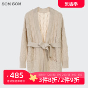 somsom索玛法式针织开衫，外套女春季小个子中长款100纯羊毛上衣