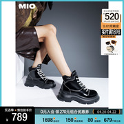 MIO米奥2023冬季纯色高跟厚底靴子时髦酷飒系带机能马丁靴女靴