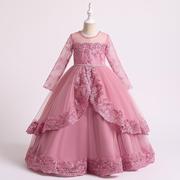 凯莉莎新设计女童蕾丝公主裙手工串珠长袖蓬蓬裙生日派对婚纱礼服