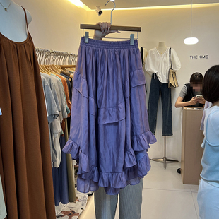 十三行女装2024夏款法式浪漫紫色半身裙女高级感拼接不规则长裙