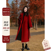 新年红色羊毛大衣女2023年冬装，法式小个子长款双面羊绒呢子外套