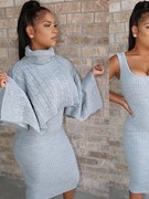 欧美时尚毛衣裙两件套高领毛衣裙子套装Two-piece sweater dress