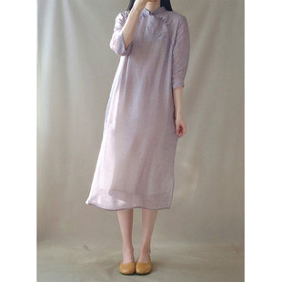 春夏季复古民族风新中式，文艺改良立领七分袖，紫色禅茶服连衣裙