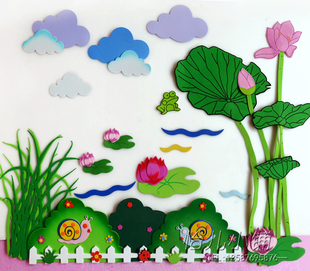 小学校幼儿园环境布置用品 泡沫荷花夏天主题 荷塘青蛙组合墙贴