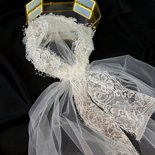 超仙森系拍照复古蕾丝帽式新娘婚纱短款头纱韩式旅拍造型婚礼头纱