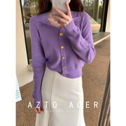 2023春季女士通勤韩版宽松V领显瘦紫色毛衣气质羊毛针织衫