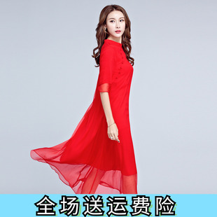 夏季连衣裙女装2022中国风，改良旗袍裙民族风红色，桑蚕丝长裙跳舞裙