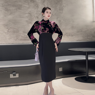 中国风新中式旗袍收腰裙春拼接蝙蝠袖烧花丝绒，包臀高腰修身连衣裙