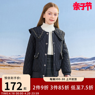 女童棉服黑色2024冬季中大童洋气，小香风娃娃领加厚棉衣外套潮