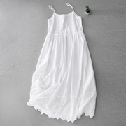 白色吊带连衣裙女夏季文艺小清新纯棉无袖，刺绣花边打底长裙子