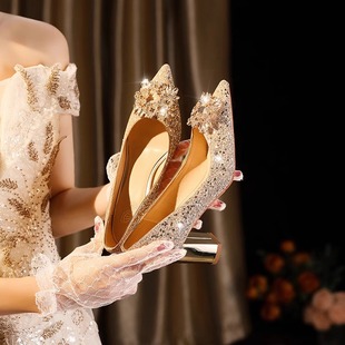 新娘鞋婚鞋女2024年不累脚粗跟伴娘，鞋禾秀婚纱两穿金色高跟鞋
