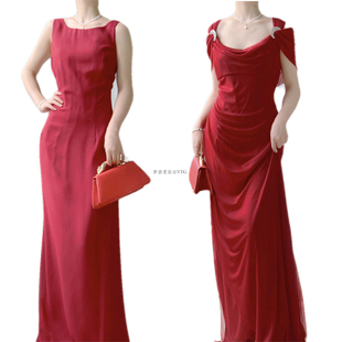 梦游vintage古着红色长款礼服一字，肩露背褶皱，高腰大摆轻熟连衣裙