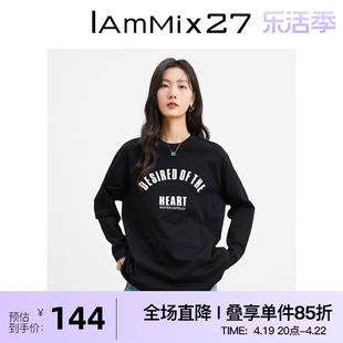 IAmMIX27全棉圆领T恤女春秋个性撞色印花宽松中长款休闲套头上衣