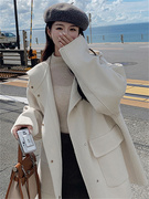 米白色双面羊绒，大衣女2023冬加厚韩系温柔风，单排扣小个子毛呢外套