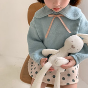 秋冬韩版女童蝴蝶结毛衣，儿童翻领长袖毛线衫，波点毛呢裙