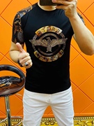 T655男士夏季丝光棉圆领短袖高端欧货数码印花烫金烫钻T恤