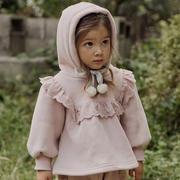 女童加绒连帽卫衣，冬款2024韩国儿童，女孩洋气花边保暖宽松上衣