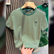 绿色横条纹短袖，t恤男2024年纯棉刺绣体恤，时尚潮牌ins潮流上衣