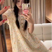 睡裙子夏季短袖中长款韩版娃娃领可爱卡通碎花纯棉纱布睡衣家居服