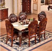 欧式餐桌椅组合雕花实木，餐桌大理石一桌六椅餐厅饭，桌子红檀色套装