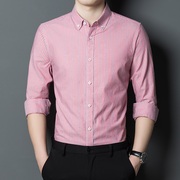 立领衬衫男士长袖粉色，春秋薄款纯棉衬衣，商务休闲上衣2021条纹