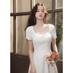 晚礼服气质2024宴会方领白色小礼服裙短款显瘦法式名媛轻婚纱